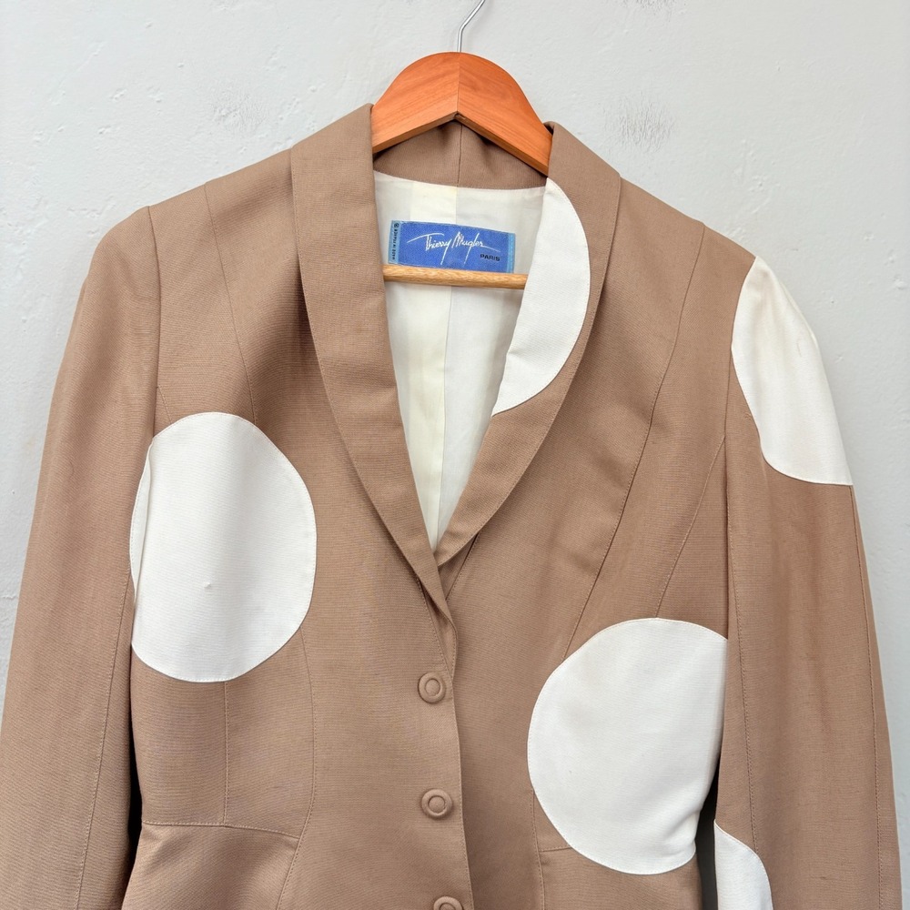 Thierry Mugler Vintage Polka Dot Suit Skirt Set Women Size 40 Beige White Flaws - Picture 3 of 16